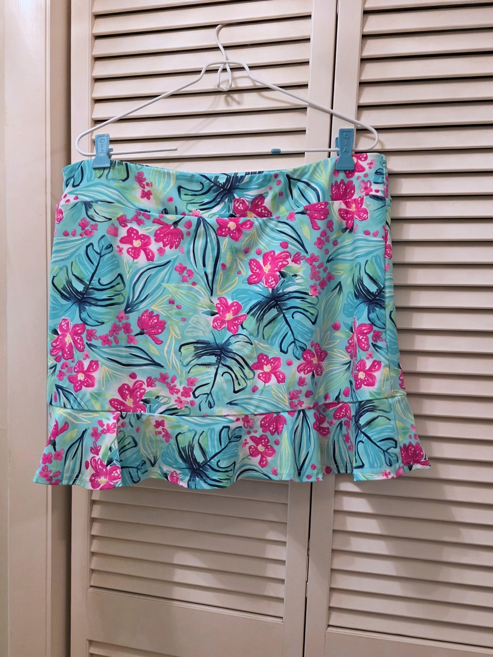 Aryeh Tropical Floral Ruffle Hem Mini Skort - Aqua & Pink L